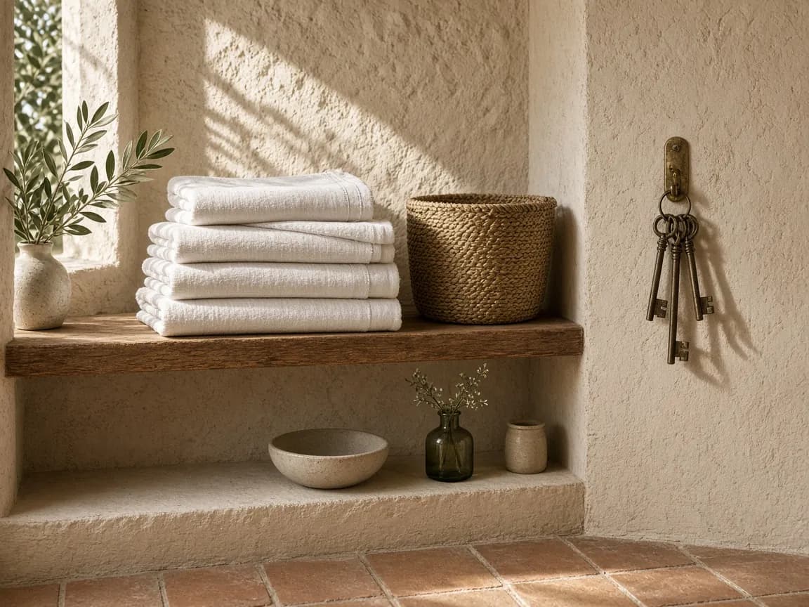 Folded white towels and a set of keys in a sunlit villa laundry room