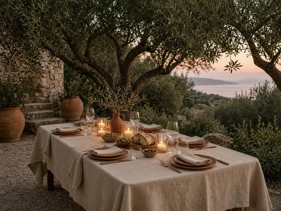A candlelit dinner table for six beneath olive trees at dusk
