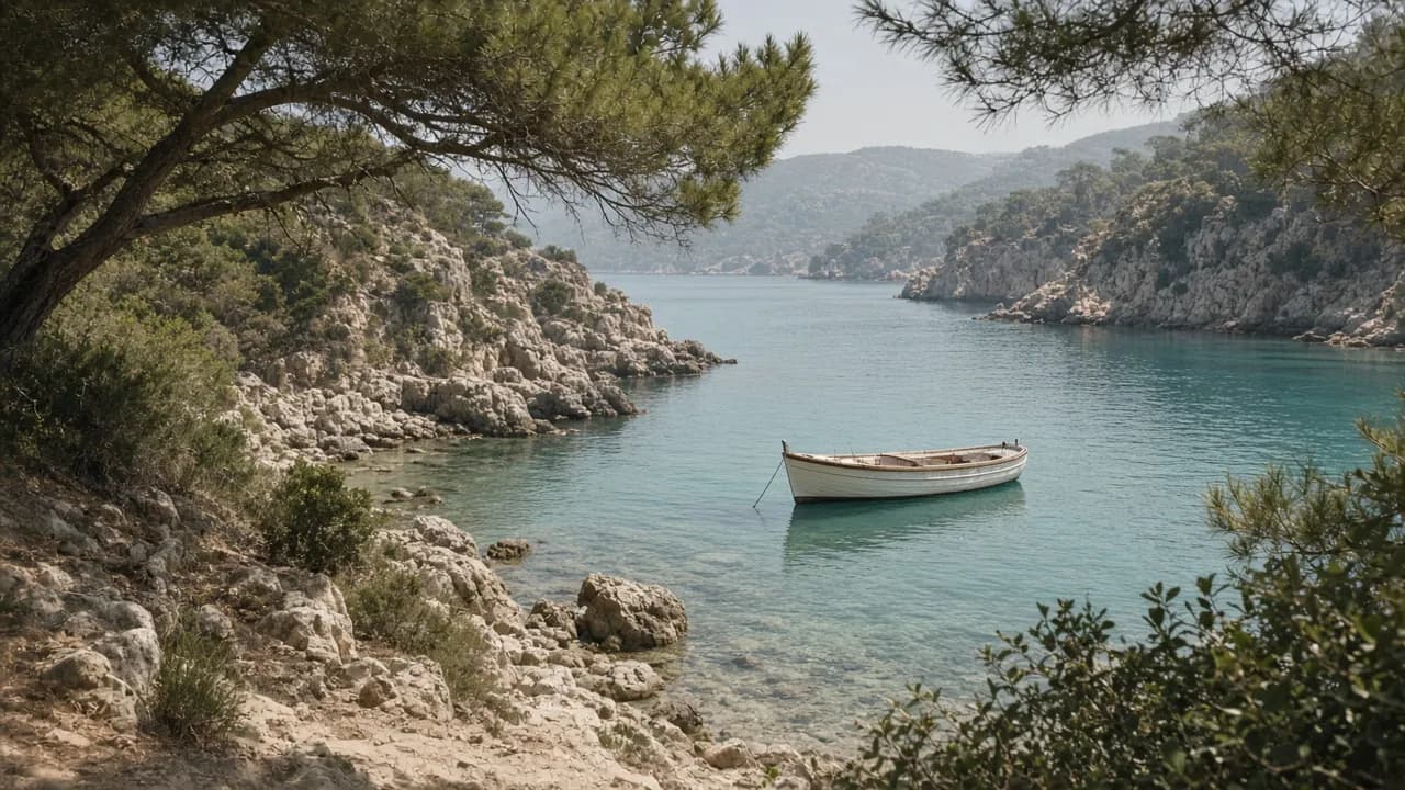 A quiet turquoise cove with a white wooden boat at anchor beneath pine trees