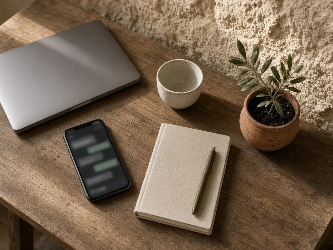 A phone, closed laptop, notebook and potted olive sprig on a wooden villa desk