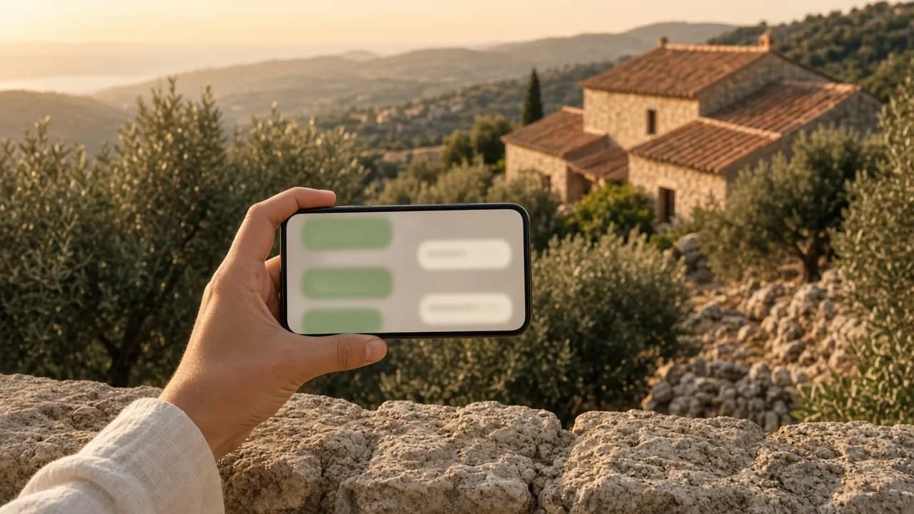 A hand holding a phone over a stone wall with olive trees and a terracotta-roofed villa beyond