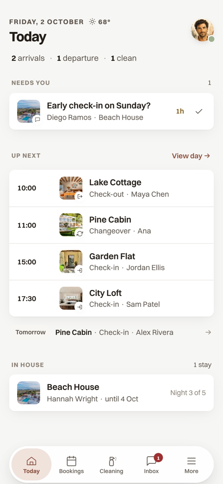 The Isla phone app's Today screen for a host: a guest question, then a check-out, a clean and two check-ins across four homes