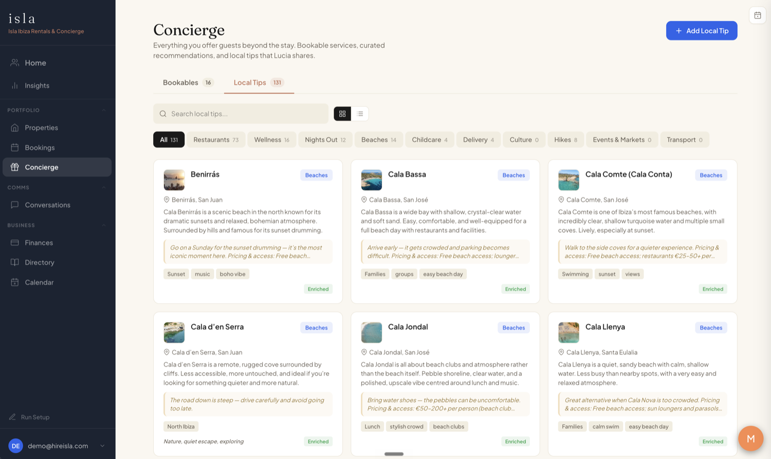 The Isla concierge page, with curated local tips and recommendations